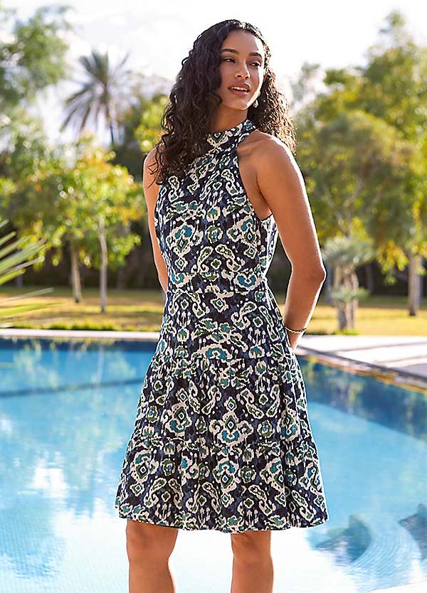 Blue Vanilla Tiered Halter Neck Aztec Belted Mini Dress - Blue