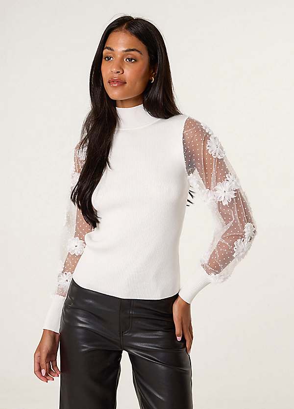 Blue Vanilla Turtle Neck Jumper with Mesh Polka Dot Flower