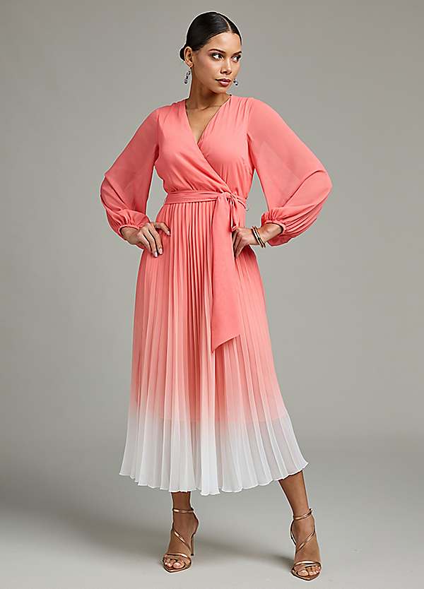 Kaleidoscope Coral Ombre Pleated Midi Dress