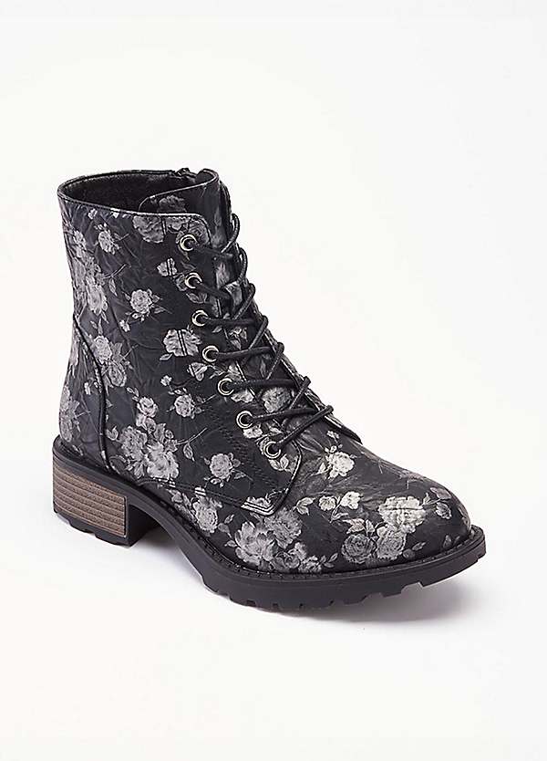 Cotton Traders Black Floral Lace Up Boots