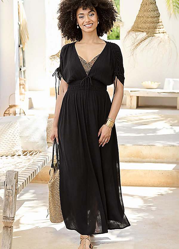 crinkle beach dress 90s Gray Crinkle Rayon Boho Maxi Dress Embroidered Long Sleeve Fairy Dress, L