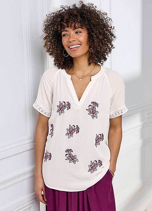 Cotton Traders Floral Embroidered Crinkle Top | Freemans