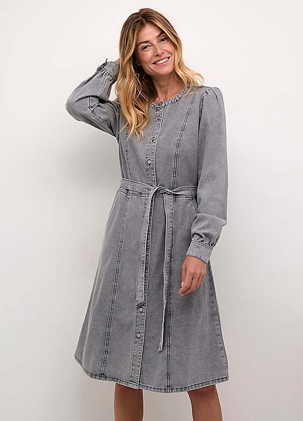 cream denim midi dress Cream Denim Midi Dress with Front Slit ALBERTA
