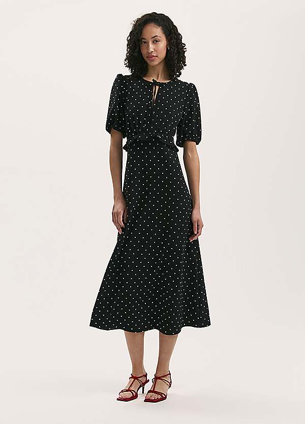 Finery Anika Polka Dot Crepe Midi Tea Dress Freemans