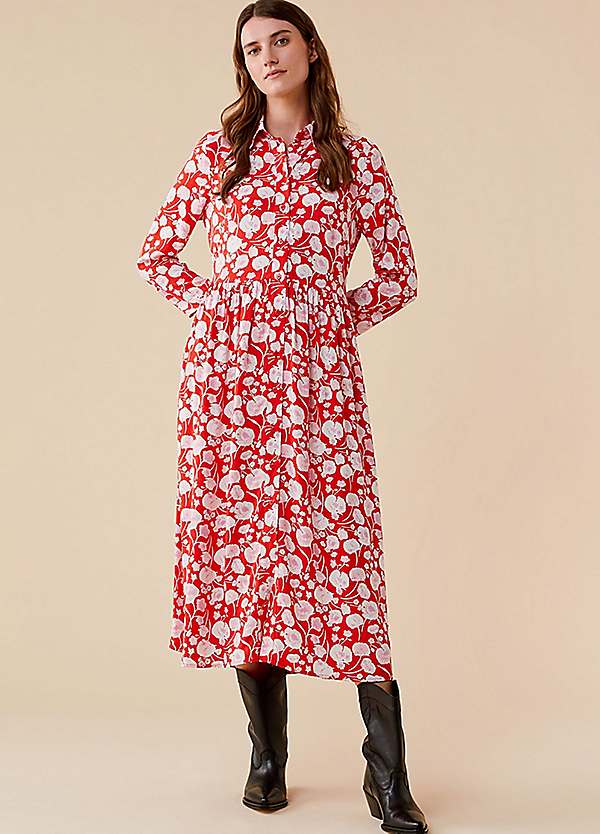 Finery Gala Midi Dress with High Neck in Red Floral Print Freemans