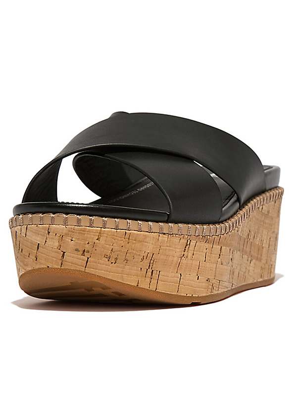 FitFlop Black Eloise Leather & Cork Wedge Cross Slides | Freemans