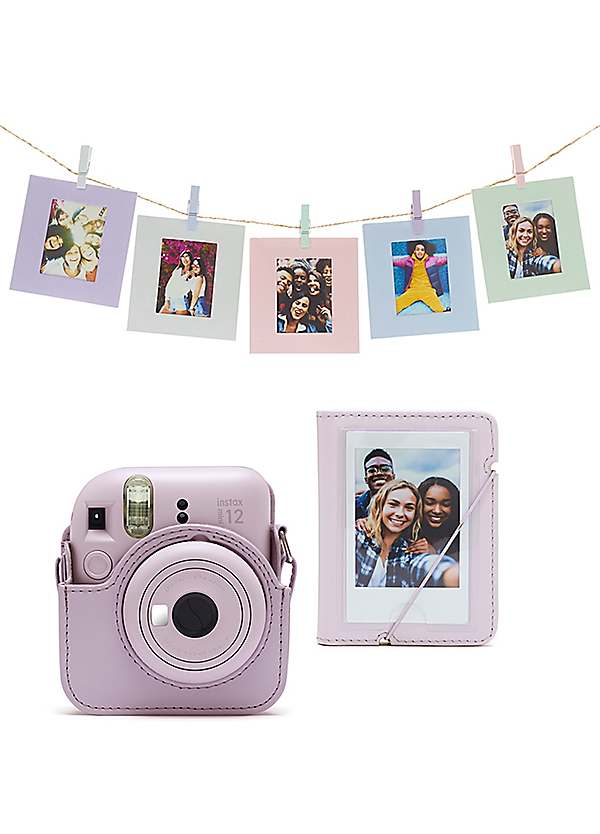 Fujifilm Instax Mini 12 Instant Camera with Case Photo Album Hanging Cards Pegs Lilac Purple Freemans
