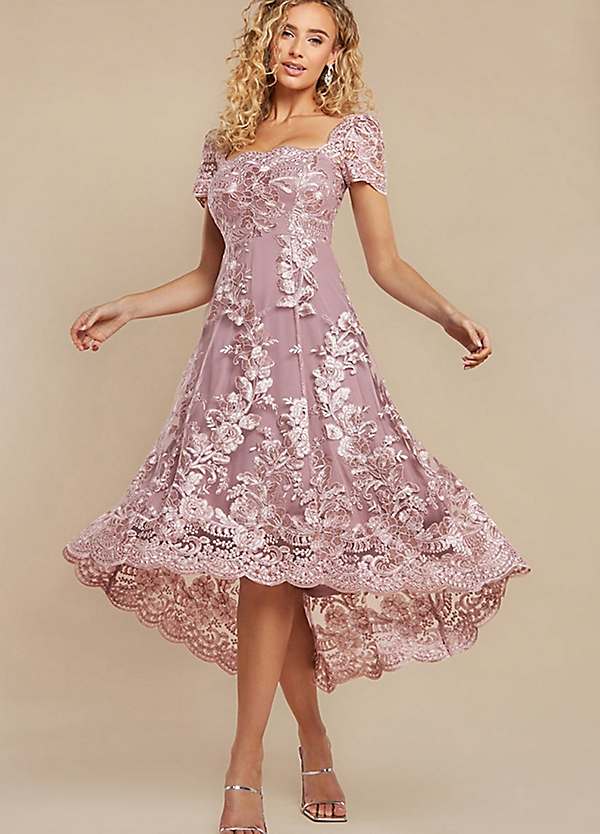 Goddiva Scalloped Neck Embroidered Lace High Low Midi Dress Freemans