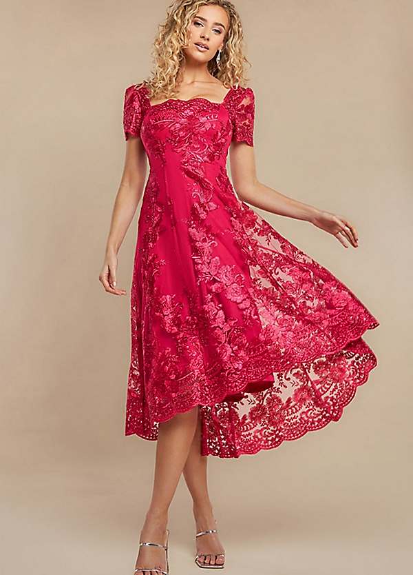 Goddiva Scalloped Neck Embroidered Lace High Low Midi Dress | Freemans Goddiva Scalloped Neck Embroidered Lace High Low Midi Dress | Freemans