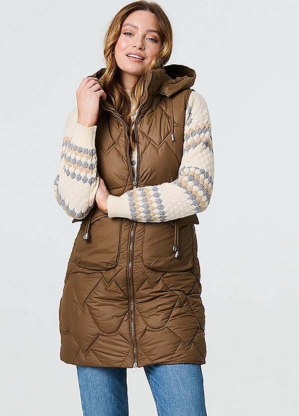 Izabel London Beige Padded Sleeveless Hooded Longline Gilet Freemans