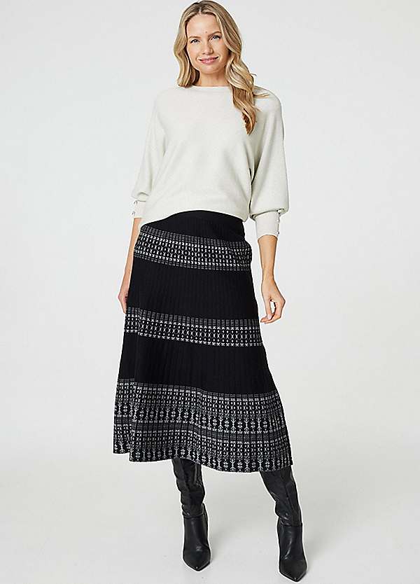 Izabel London Black Border Print Knit High Waist Midi Skirt