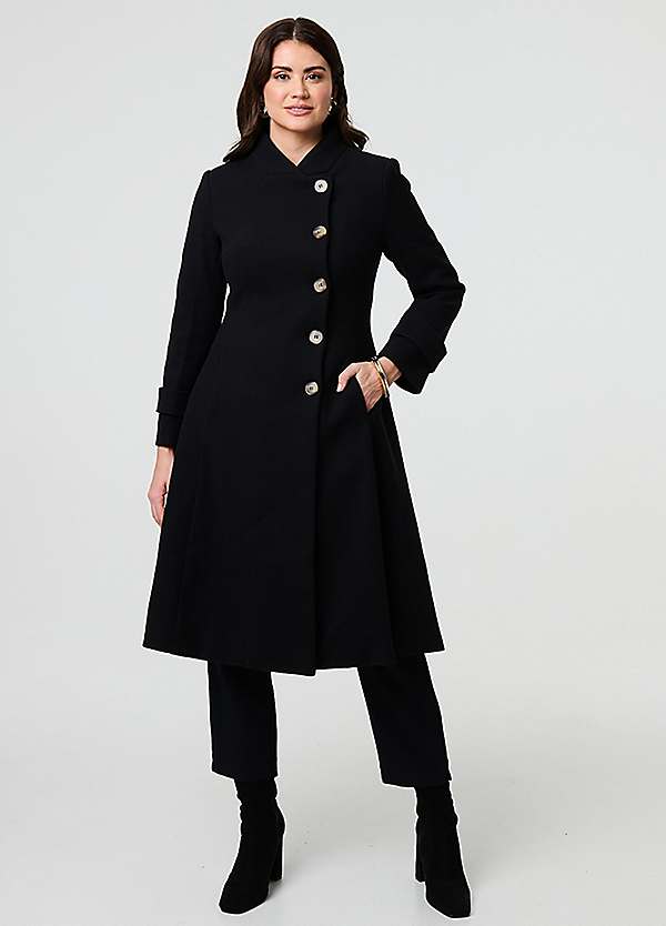 Izabel London Black Button Front Funnel Neck Coat | Freemans