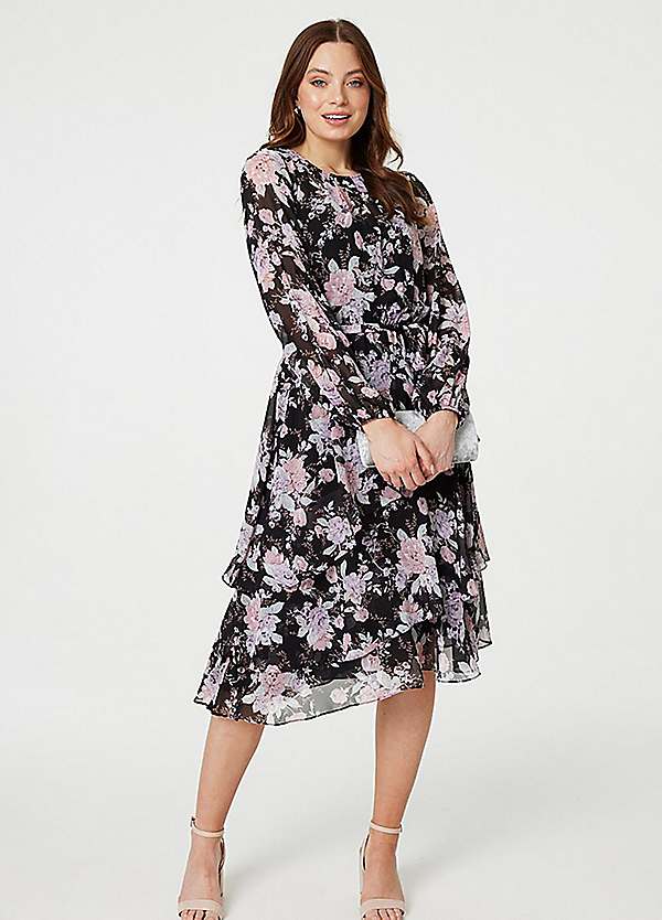 Izabel London Black Floral Semi Sheer Layered Hem Midi Dress