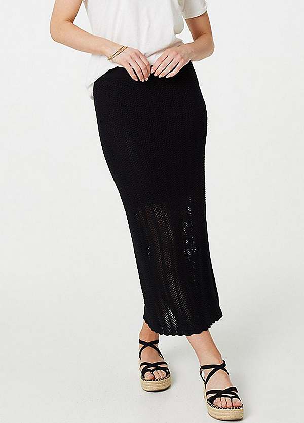 Izabel London Black High Waist Crochet Knit Midi Skirt