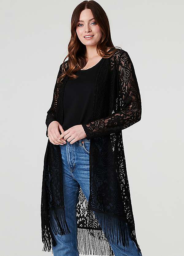 Izabel London Black Lace Open Front Fringed Cardigan Freemans