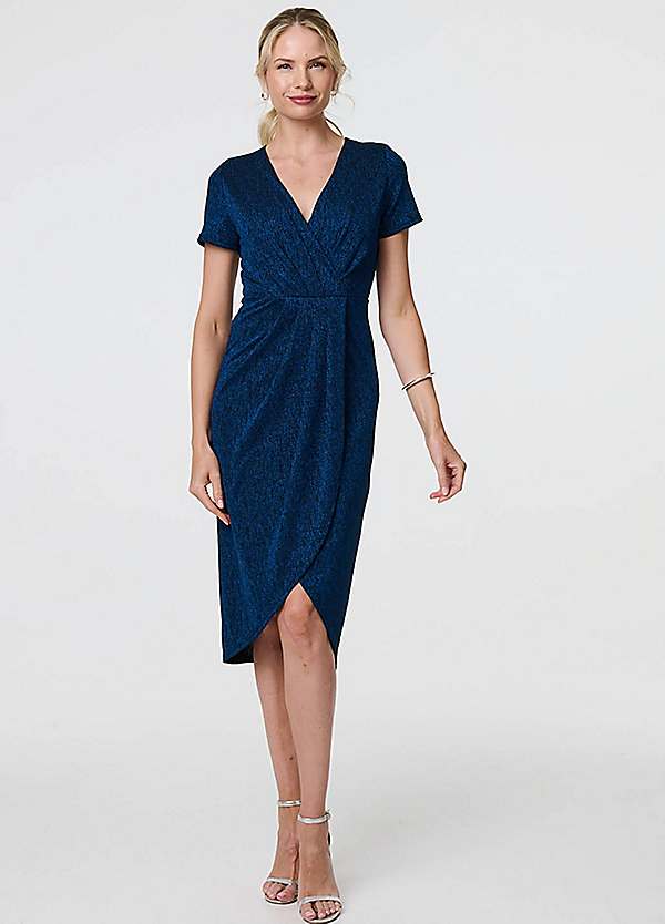 Izabel London Blue Sparkly Ruched Short Sleeve Midi Dress | Freemans