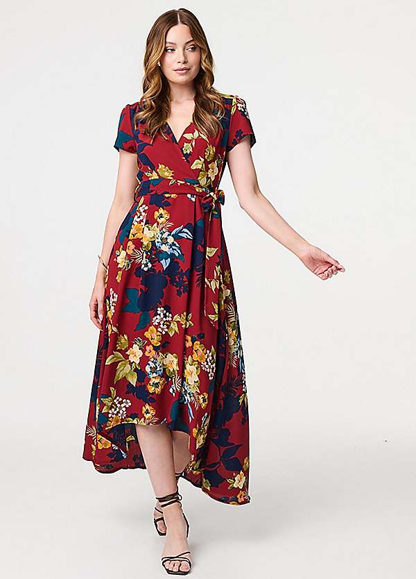 Izabel London Burgundy Floral High Low Wrap Maxi Dress Freemans