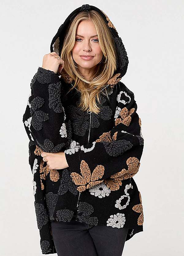 Izabel London Camel Textured Floral Longline Hoodie Coat | Freemans