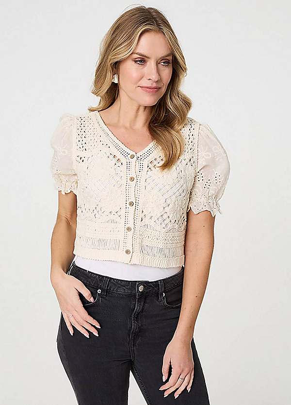 Izabel London Crochet Mesh Short Sleeve Crop Cardigan Freemans