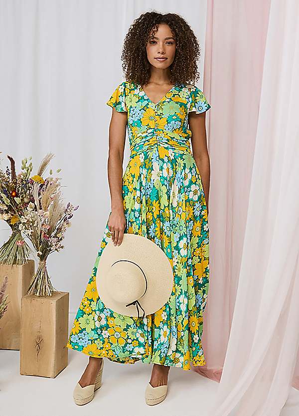 Izabel London Floral Ruched Cap Sleeve Maxi Dress | Freemans