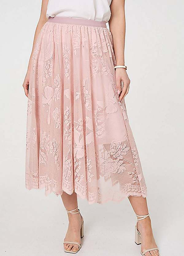 Izabel London Floral Semi Sheer Mesh Layer Midi Skirt | Freemans