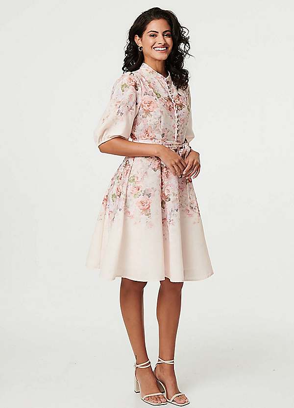 Izabel London Floral Three-Quarter Puff Sleeve Knee Length Dress | Freemans