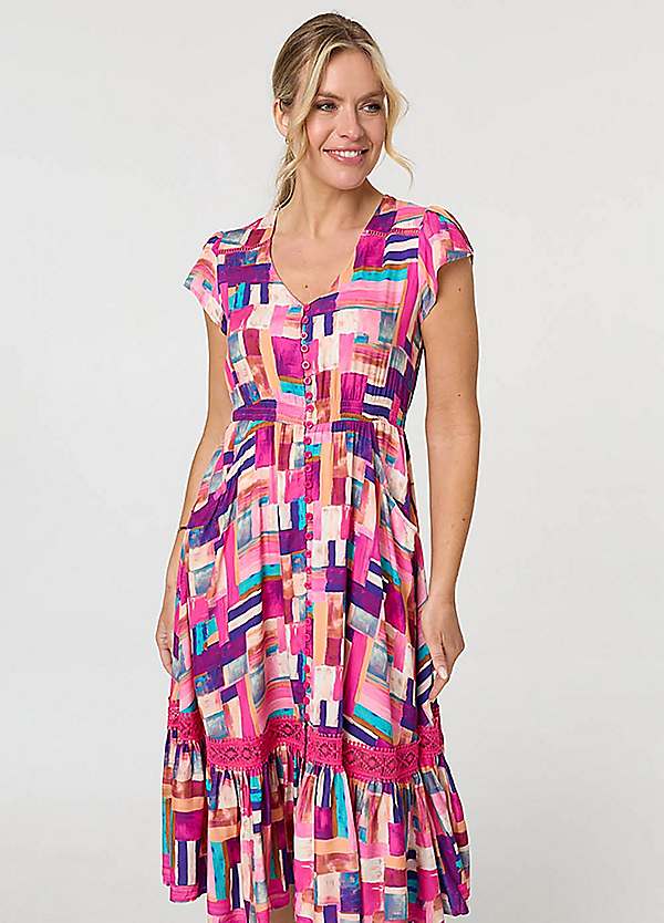 Izabel London Geo Print Cap Sleeve Shirred Midi Dress