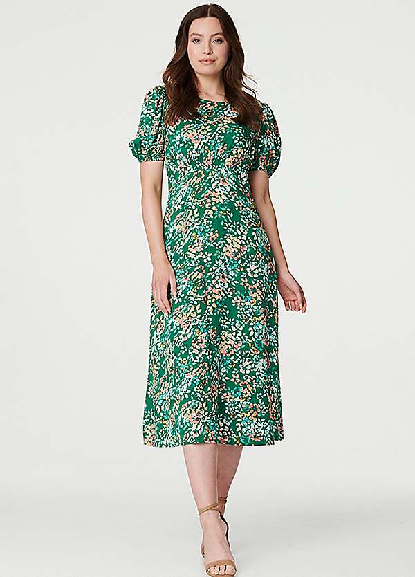 green linen wedding guest dress On The Trails Sage Green Floral Midi Dress – Shop the Mint main image 1
