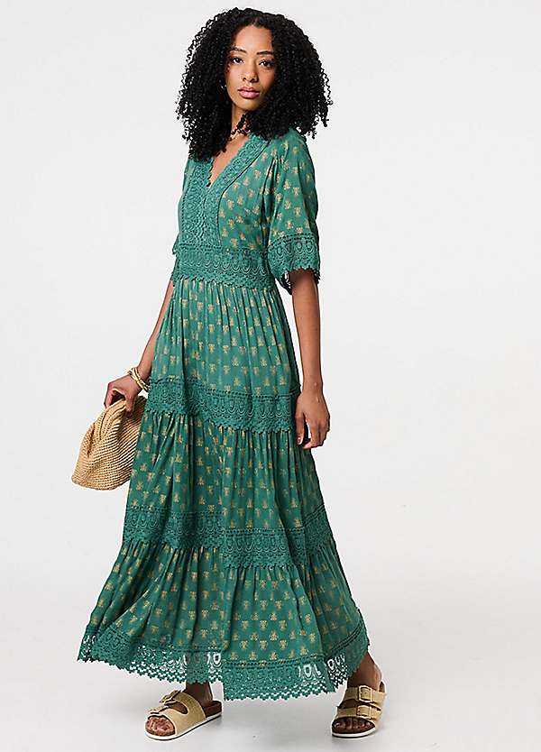 Izabel London Green Lace Semi Sheer Flare Three Quarter Sleeve Maxi Dress Freemans