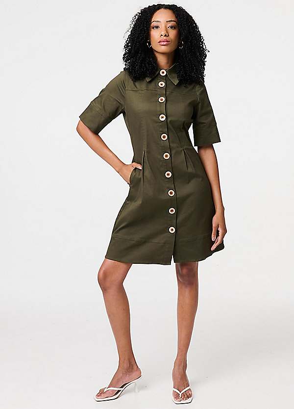 Izabel London Khaki Boxy Button Down Shirt Mini Dress | Freemans