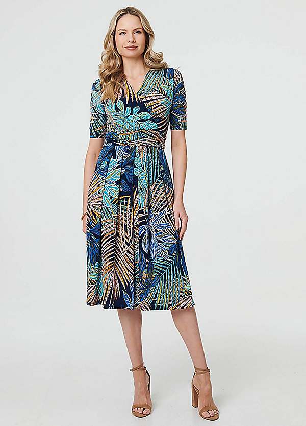 knee length dresses for ladies Blue Leaf Print Short Sleeve Belted Wrap Midi Dress – AX Paris main image 1