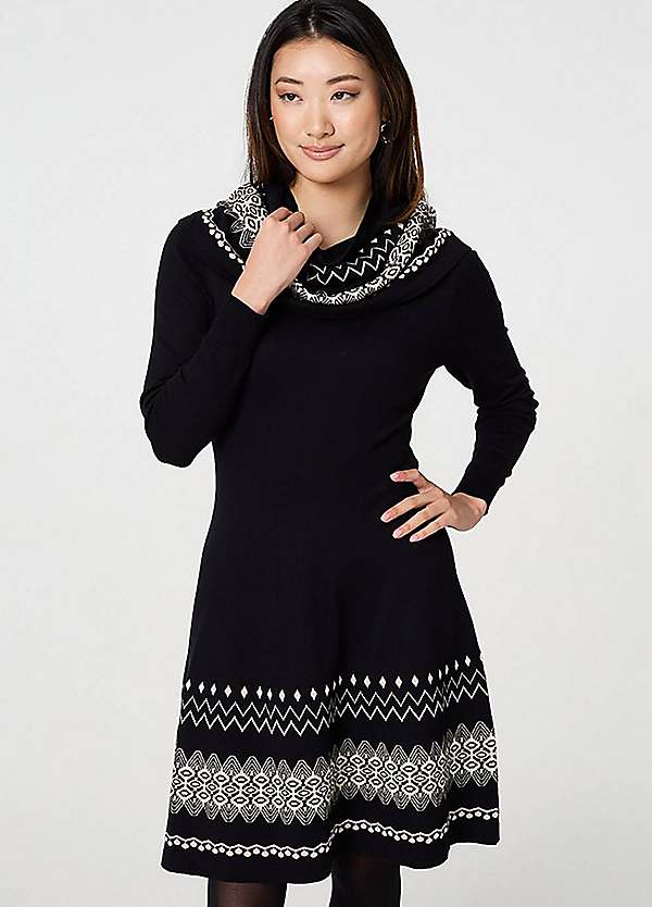 Izabel London Multi Black Aztec Print Removable Roll Neck Knit Dress Izabel London Multi Black Aztec Print Removable Roll Neck Knit Dress
