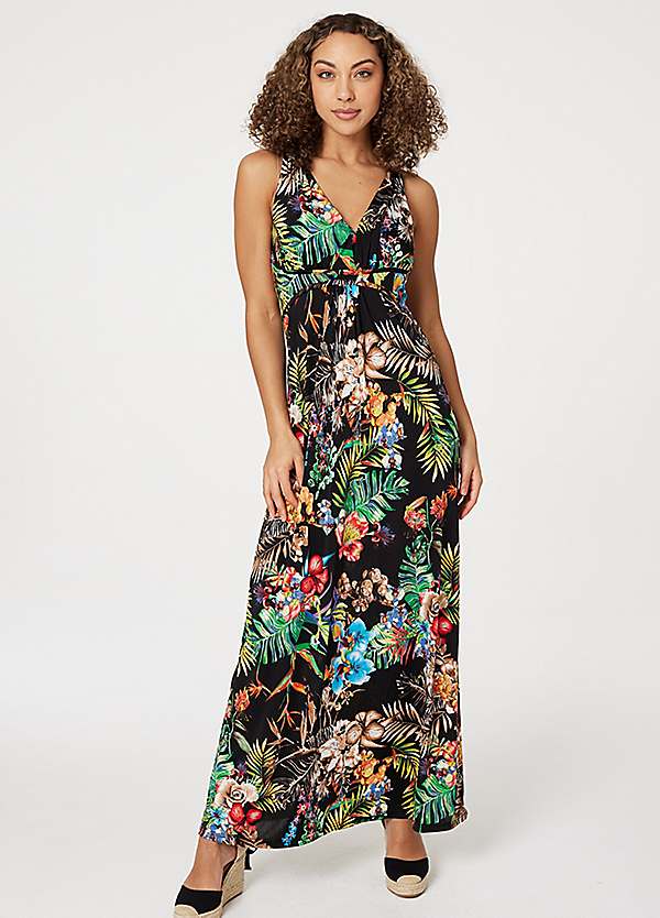 Izabel London Multi Black Tropical Print Empire Maxi Dress | Freemans