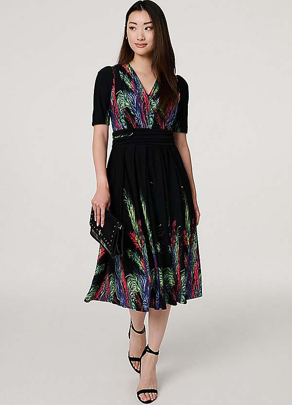 Izabel London Multi Green Feather Print Faux Wrap Front Midi Dress