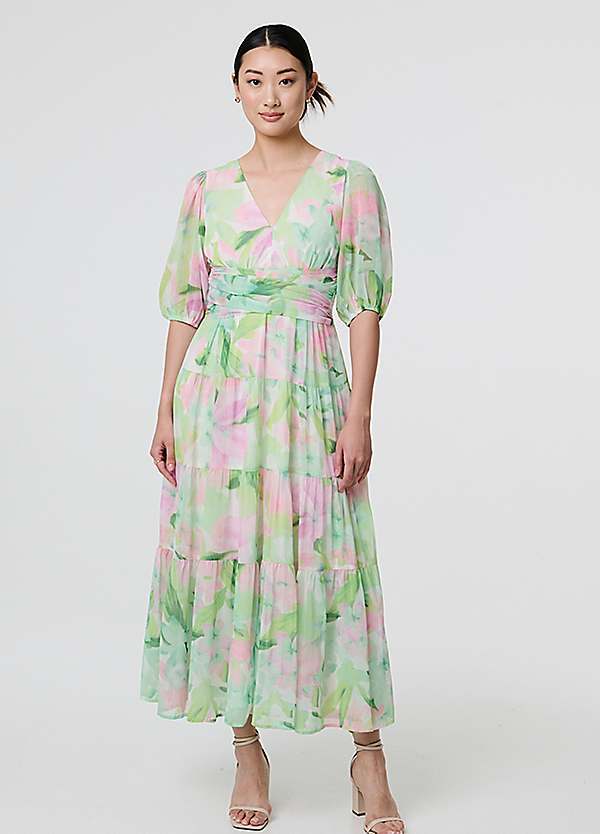 Izabel London Multi Green Floral Puff Sleeve Tiered Maxi Gown