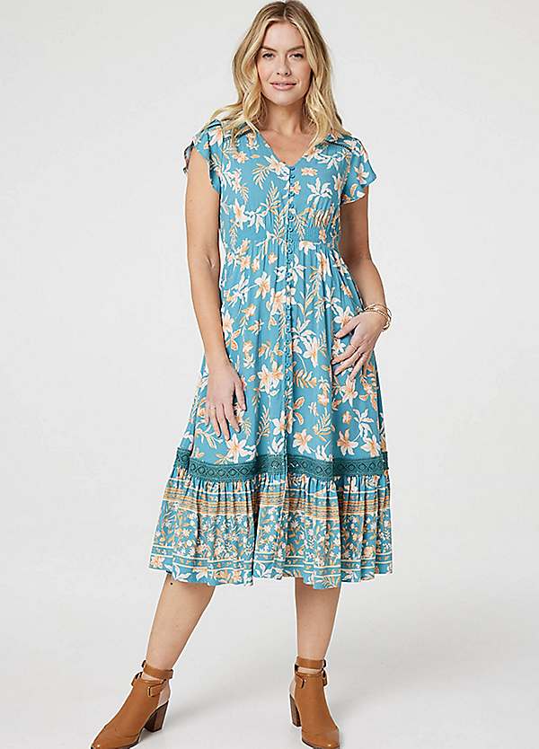 Izabel London Multi Green Floral V-Neck Shirred Midi Dress | Freemans