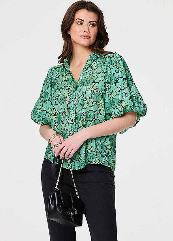 Izabel London Multi Green Leaf Print Short Puff Sleeve Blouse
