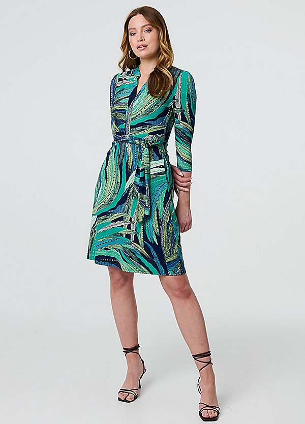 Izabel London Multi Green Leaf Print Three-Quarter Sleeve Short Wrap Dress Izabel London Multi Green Leaf Print Three-Quarter Sleeve Short Wrap Dress
