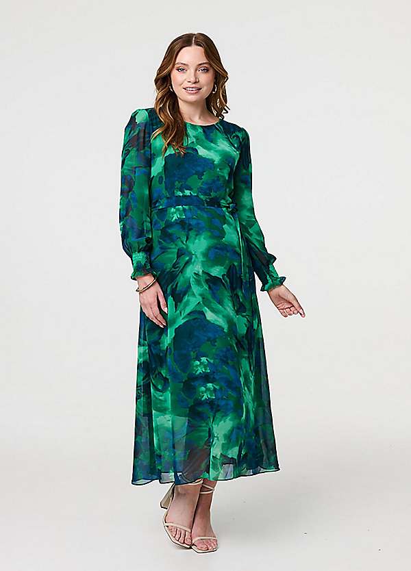 Izabel London Multi Green Printed Long Sleeve Chiffon Midi Dress Freemans