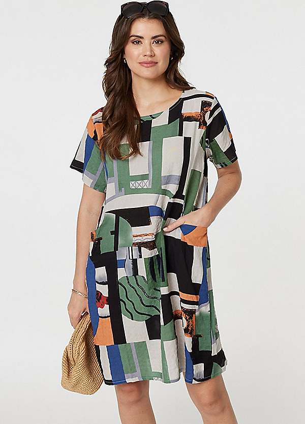 Izabel London Multi Green Printed Pocket Short Sleeve Shift Dress