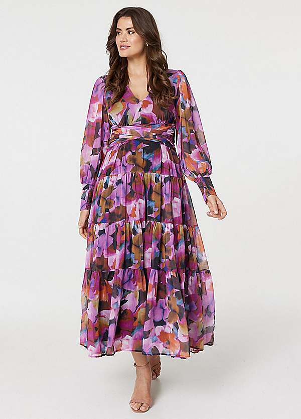 Izabel London Multi Pink Floral Long Sleeve Ruched Maxi Dress