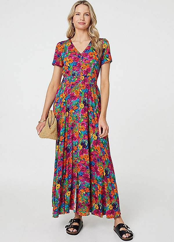 Izabel London Multi Pink Floral V-Neck Short Sleeve Maxi Dress