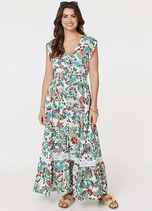 Izabel London Multi White Vintage Boho Print Cap Sleeve Maxi Dress