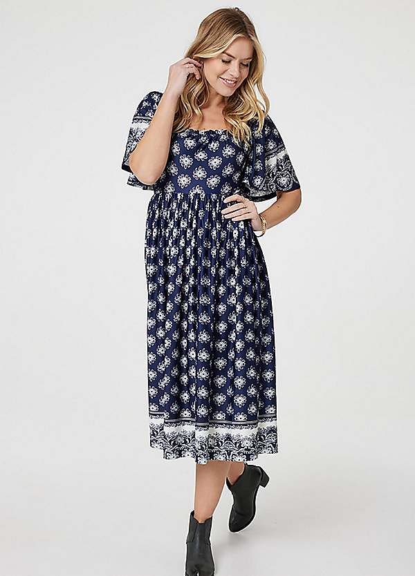 Izabel London Navy Floral Bardot Dress Navy Floral Bardot Shirred
