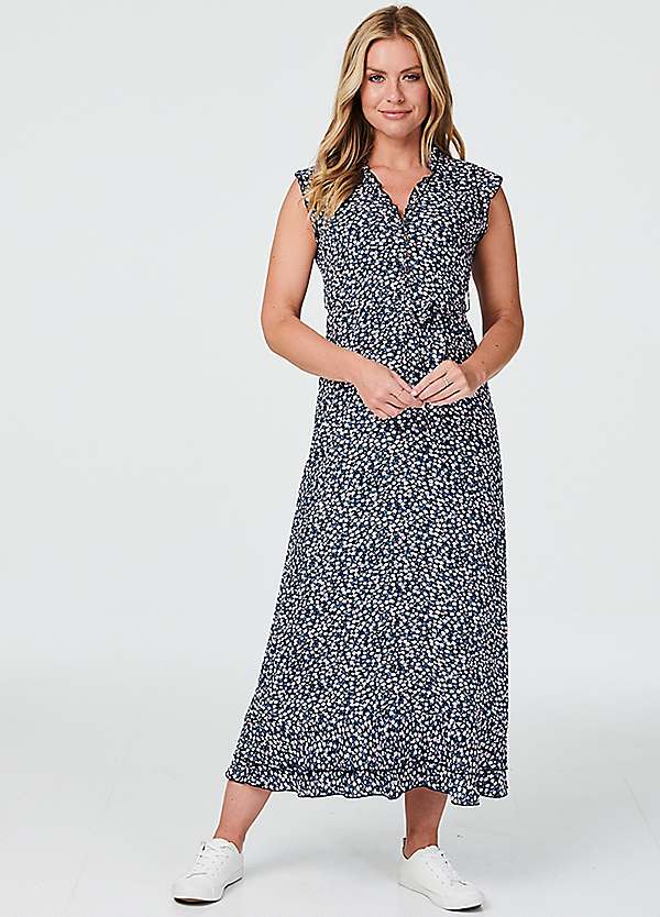 Izabel London Navy Ditsy Floral Frill Hem Maxi Dress Freemans