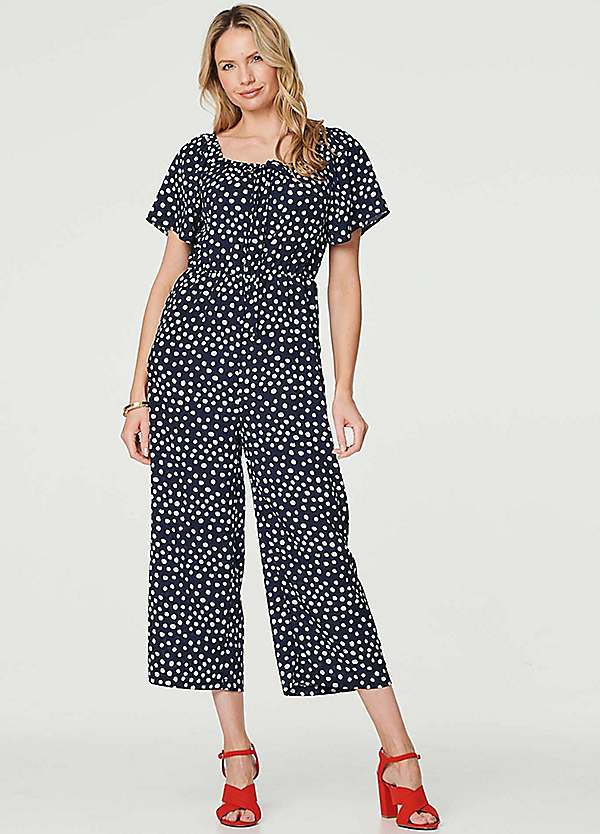 Izabel London Navy Polka Dot Print Angel Sleeve Jumpsuit Freemans