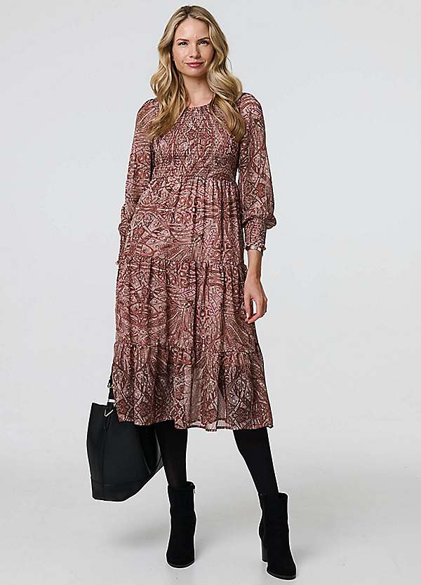 Izabel London Raspberry Printed Empire Tiered Midi Smock Dress