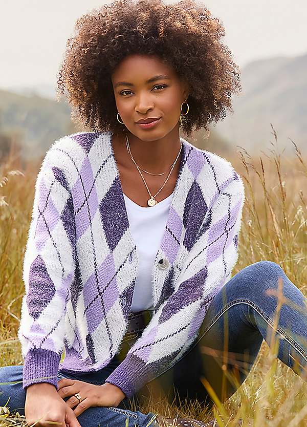 Joe Browns Argyle Fluffy Knit Cardigan | Freemans