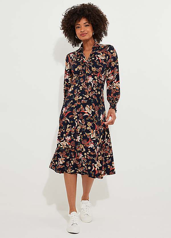 Joe Browns Autumnal Floral Twist Front Frill Sleeve Jersey Midi Dress Freemans