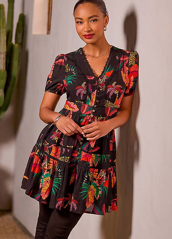 joe brown tunic dresses Joe Browns Button-Through Tunic Dress with Tropical Print & Lace Trim